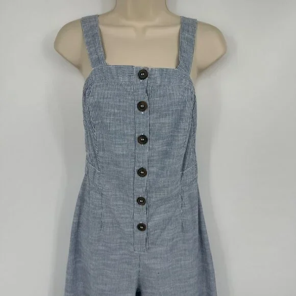 JAPNA Women's Size M Romper Jumpsuit Blue Striped straight  Leg 100% Cotton Casu - Picture 3 of 14
